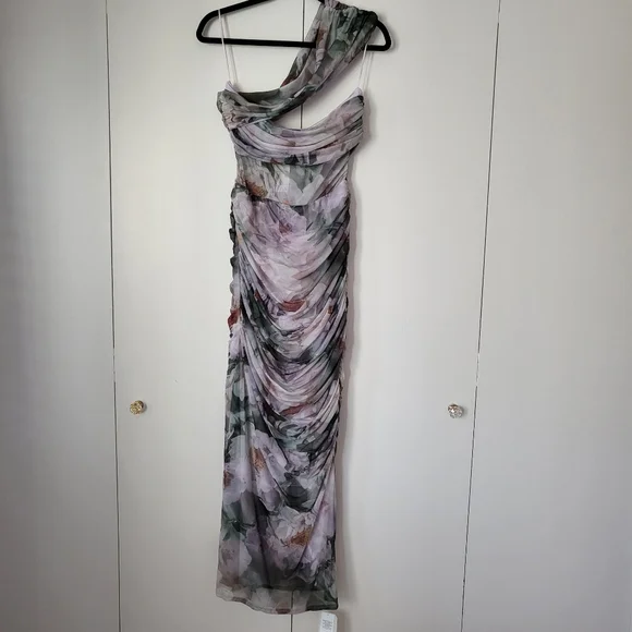 Abercrombie Mesh Asymmetrical Off-The-Shoulder Draped Maxi Dress Floral Medium - Picture 2 of 9